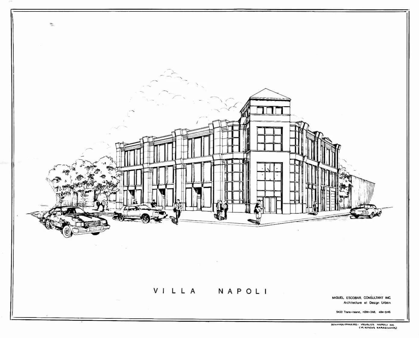 Original signed elevation drawing titled Villa Napoli by Miguel Escobar